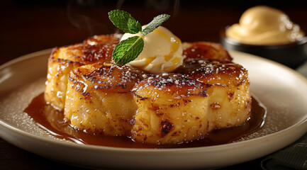 malva pudding, A soft and springy cake with flavors of apricot jam and caramel topped with a sweet creamy sauce and served with a thin custard and ice cream