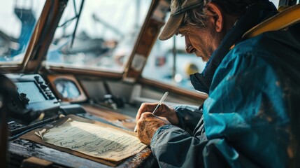 Boatman with hand-drawn details on the bridge of a boat - obrazy, fototapety, plakaty