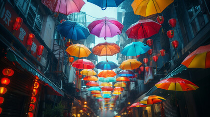 Fototapeta premium A vibrant umbrella city, where each umbrella symbolizes a different aspect of an individual's personality, creating a colorful and dynamic cityscape.