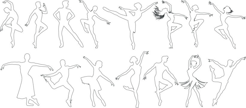 Dancer outline, ballet poses, elegant movement. Perfect for dance studio, performance art, choreography content. Captures grace, poise of dancers in various positions