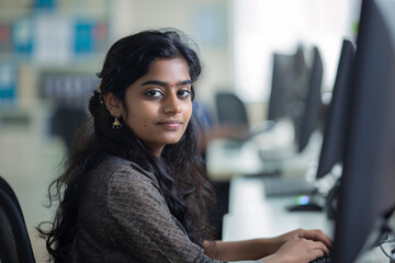 A skilled female Indian software engineer working at an office