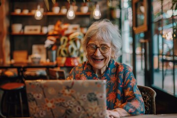 Smiling grandmother enjoying digital interactions - obrazy, fototapety, plakaty
