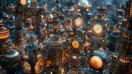 An intricate pocket watch city, where time is personalized for every individual, showcasing the...