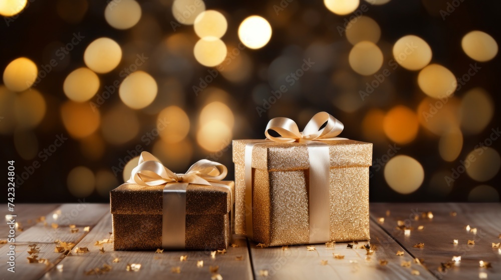 Poster generative ai ultra-realistic depiction of elegant white and gold christmas presents arranged artful