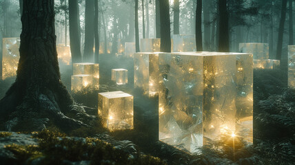 An otherworldly forest of translucent cubes, where each cube reveals a unique kaleidoscopic world within.