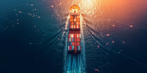 Large cargo ship sailing through calm ocean waters. The scene is illuminated by the bright sunlight.