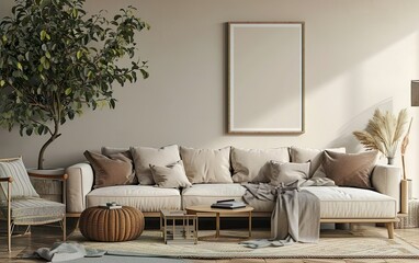 Mock up poster frame in modern beige toned colors. Minimalistic natural style home interior design. Stylish living room with mock up frame. Wood, plants, natural off white colors. AI Generative.