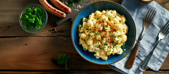 Delicious potato salad with onion and mayonnaise. Traditional food panorama.