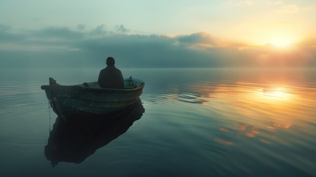 A fisherman sits in a fishing boat alone in the sea at dawn.