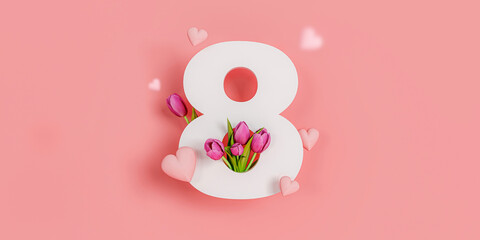 International womens day March 8 with tulip flowers and pink hearth.