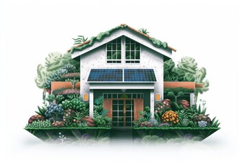 home with solar panels and a garden, in the style of photorealistic pastiche, white background