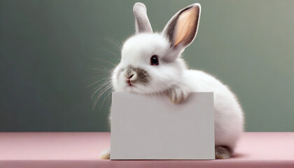 White baby bunny rabbit, holding a blank sign