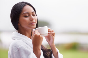 Spa, beauty and woman relax with coffee for skincare, wellness and treatment in luxury salon....