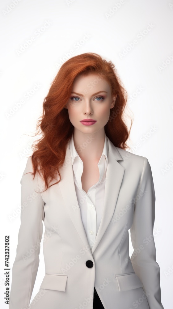 Poster generative ai red-haired woman in a suit on a white background dynamic pose wide shot