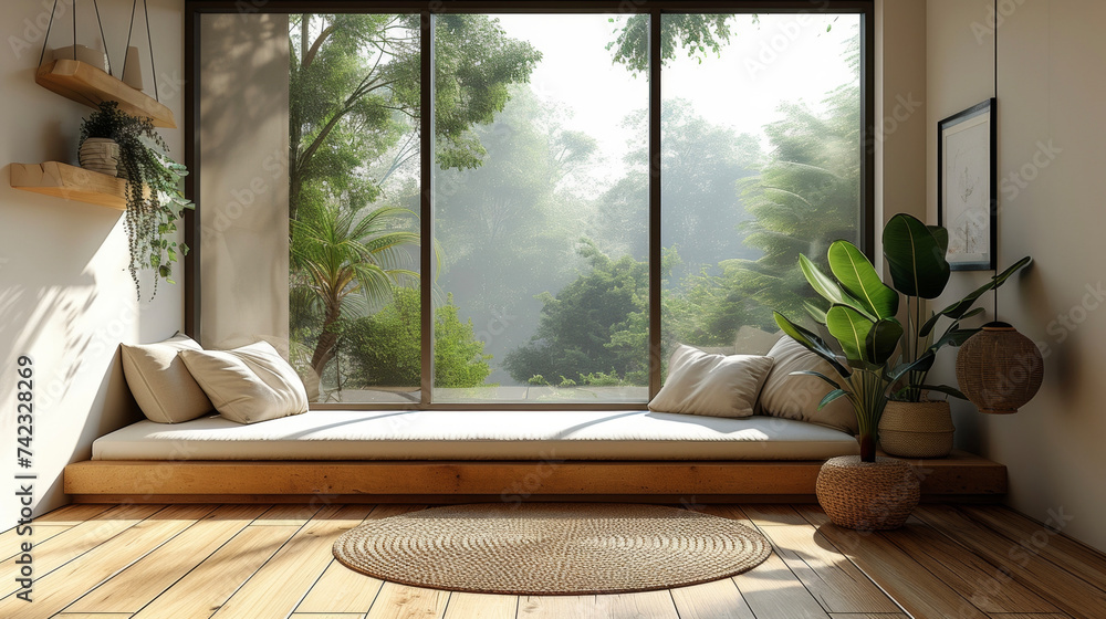 Poster a minimalist window seat with a sleek builtin design and neutral color scheme perfect for a modern a