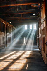 Empty Horse Barn - empty wooden stalls and light rays