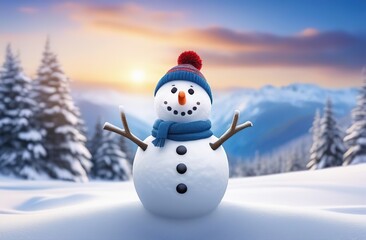 Obraz premium Panoramic view of happy snowman in winter secenery with copy space 