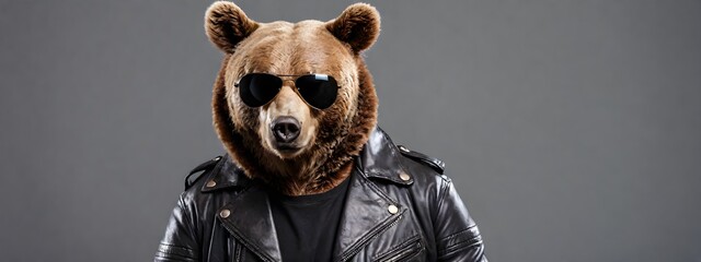 Portrait of a bear in sunglasses and a leather jacket on a dark background. Advertising banner with copy space. Creative animal concept.