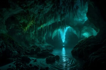 A hidden cave passage, illuminated by the soft glow of bioluminescent organisms.