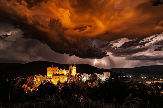 Disturbing landscape with medieval castle at night with stormy sky