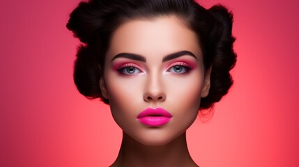 Close-up Portrait of a beautiful young brunette woman with bright pink makeup. Lips, Lipstick, Eye Shadow, Cosmetics, Beauty Salon concepts.