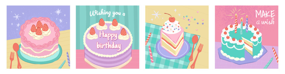 Set of birthday cakes and celebration portrait poster for greeting card and invitations