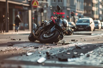 The motorcycle lies on the road after the collision.