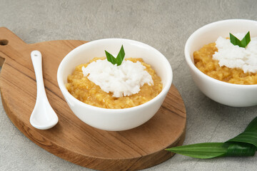 Bubur Merah Putih. Made from rice, brown sugar, coconut milk, pandan leaves. Indonesian food.
