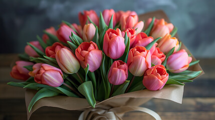 Bouquet of beautiful pink, yellow and orange tulips on the light background