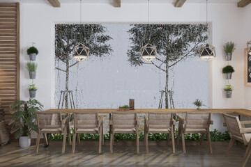 The scene features morning sunlight shining in the background, with hanging plants and rustic chairs in the foreground