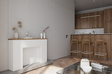 Fototapeta na wymiar White and wooden kitchen corner with bar