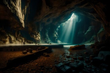 A surreal underground gallery, where nature's sculptures grace the cave's walls. - obrazy, fototapety, plakaty
