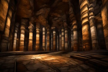 A cathedral-like underground chamber with towering pillars of rock and mineral deposits.