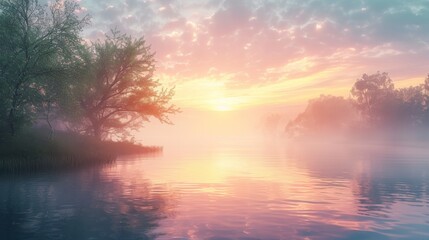 Fototapeta na wymiar Serene Riverside Landscape at Sunrise with Mist over the Water