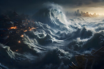 Apocalyptic dramatic background - giant tsunami waves crashing small coastal town - obrazy, fototapety, plakaty
