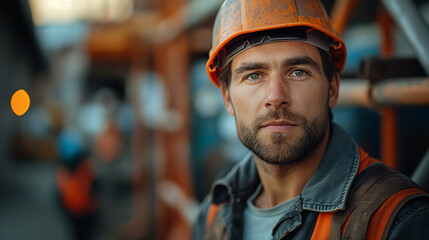 Portrait of a ma in uniform and helmet on the building background, concept of civil engineering