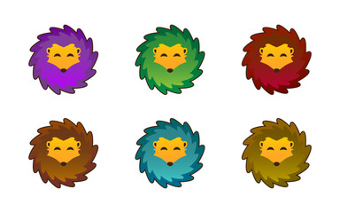 Hedgehogs icons isolated on white. Hedgehogs logo of different colors. Vector simple illustration of stylized animal.