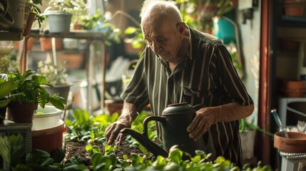 An elderly man waters the plants in the green garden of his home. - Powered by Adobe