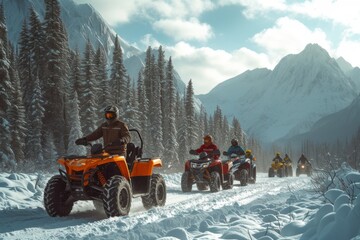 A group of individuals enjoying a snowmobiling adventure in a breathtaking winter landscape, with snow-covered trees and mountains under a clear sky