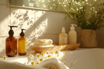 Fototapeta na wymiar Sunlight filters through a window, casting shadows on a bathtub surrounded by organic skincare products, a loofah, and fresh daisies