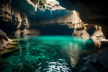 A breathtaking underground lake, its crystal-clear waters reflecting the cave's intricate formations.