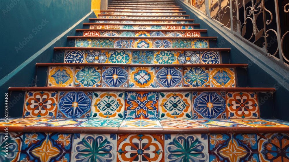 Poster a bold and colorful pattern of moroccaninspired tiles being meticulously p by tilers on a staircase 