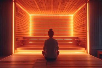 A serene image of a person relaxing in an infrared sauna - obrazy, fototapety, plakaty