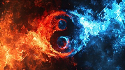 Yin and Yang symbol in blue and red fire on a black background wallpaper - obrazy, fototapety, plakaty