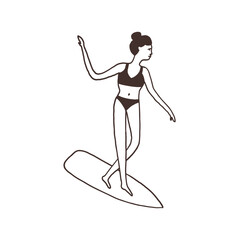 Monochrome Surf Girl on Surfboard. Vector doodle hand drawn black and white illustration posters t-shirts and stickers