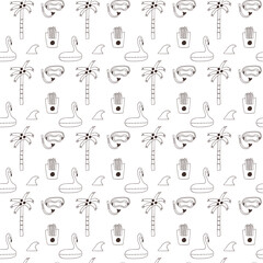 Monochrome tropical palm summer beach seamless pattern. Flamingo inflatable lap, surfboard fin, diving mask snorkel, french fries wallpaper background