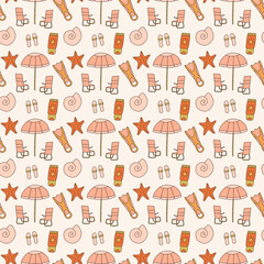 Vintage summer beach vibes item seamless pattern. Beach bed and umbrella, shell, diving fins, starfish, sunscreen, flip flops wallpaper background