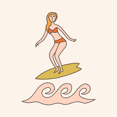 Vintage surfer girl on wave. Vector retro hand drawn groovy illustration posters t-shirts and stickers