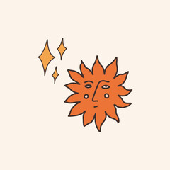Vintage sun face with star. Vector retro hand drawn groovy illustration posters t-shirts and stickers