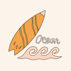 Vintage surfboard with wave. Vector retro hand drawn groovy illustration posters t-shirts and stickers
